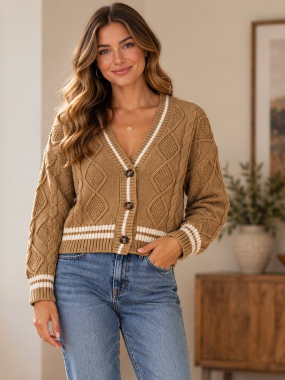 SO Goods for Life Cable Knit Cardigan Camel Brown Striped Size M